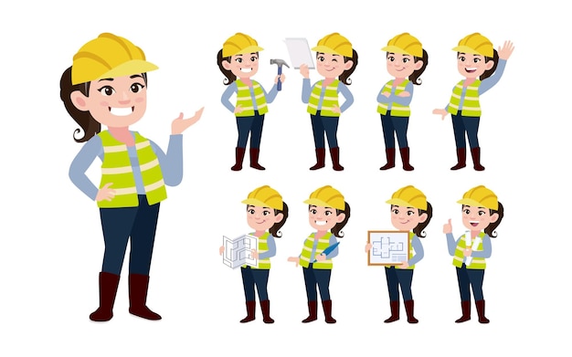 Conjunto de trabajador con diferentes poses.