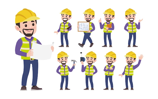 Conjunto de trabajador con diferentes poses.