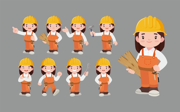 Conjunto de trabajador con diferentes poses.