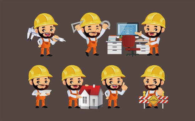 Conjunto de trabajador con diferentes poses.