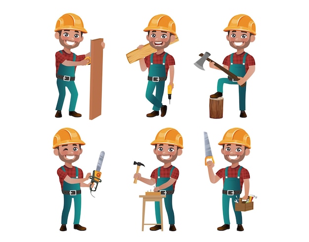 Conjunto de trabajador con diferentes poses.