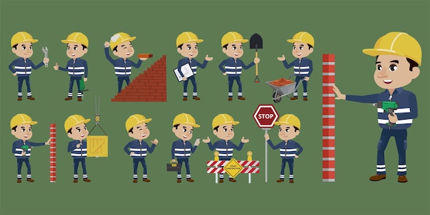 Conjunto de trabajador con diferentes poses.