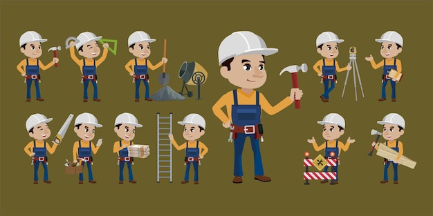 Conjunto de trabajador con diferentes poses.