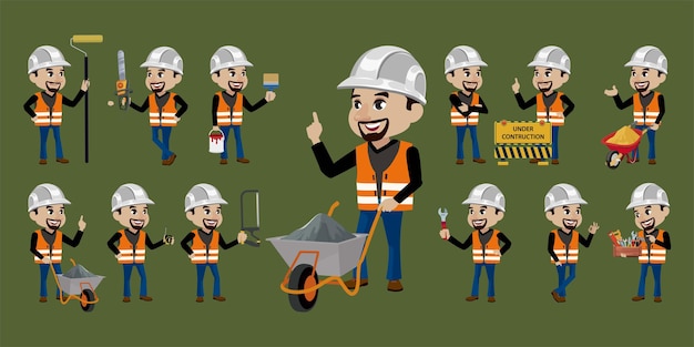 Conjunto de trabajador con diferentes poses.