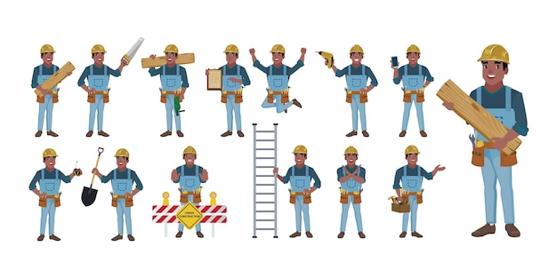 Conjunto de trabajador con diferentes poses.