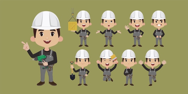 Conjunto de trabajador con diferentes poses.