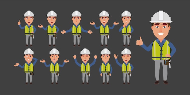 Conjunto de trabajador con diferentes poses.