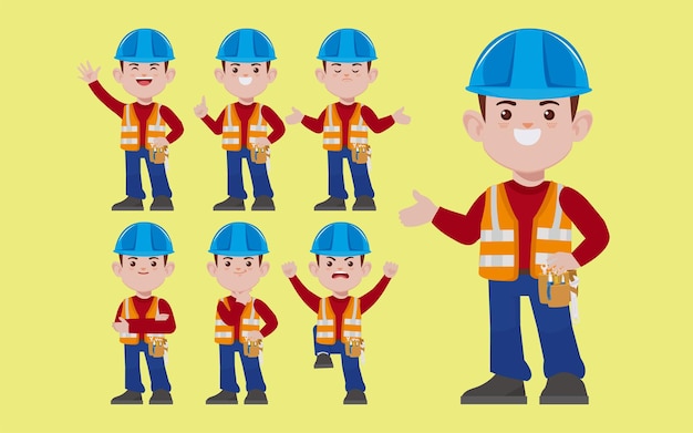 Conjunto de trabajador con diferentes poses.