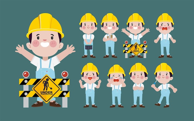 Conjunto de trabajador con diferentes poses.
