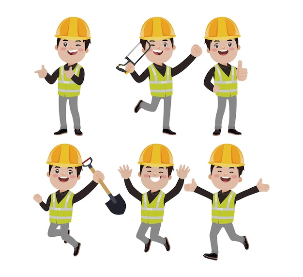 Conjunto de trabajador con diferentes poses.