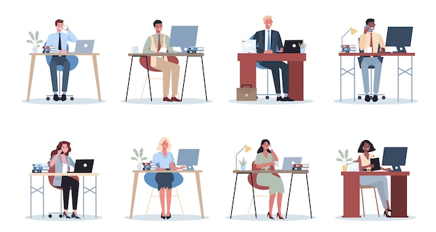 Conjunto de trabajador de oficina. Carácter de gente de negocios en la oficina. Persona en traje haciendo un trabajo diferente. Empleado en su lugar de trabajo. Ilustración de vector plano aislado