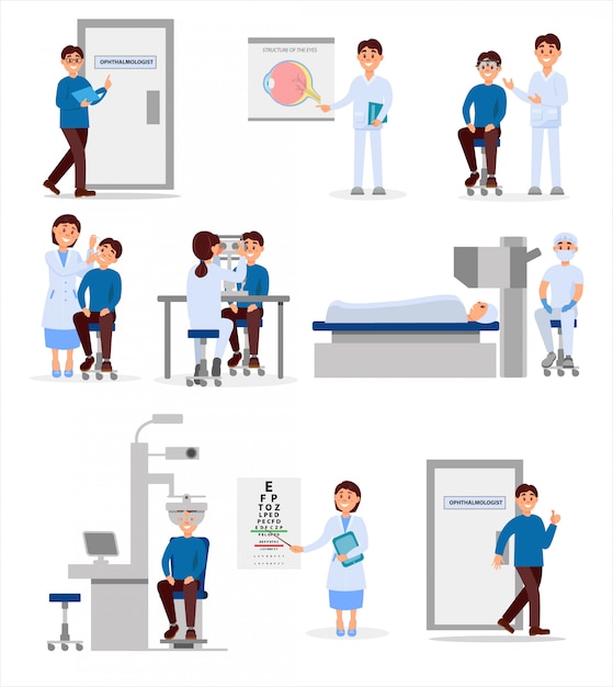 Conjunto con trabajadores médicos del hospital oftálmico y pacientes en diferentes situaciones. Profesionales en el trabajo. Concepto de salud y tratamiento. Ilustración plana