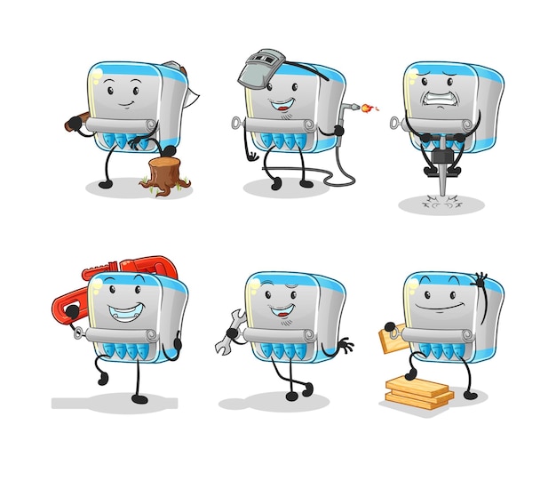 Conjunto de trabajadores de pescado enlatado personaje de dibujos animados mascota