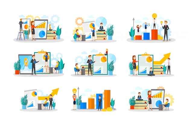 Conjunto de trabajo en equipo de negocios. Colección de personas que trabajan en equipo y realizan operaciones financieras.