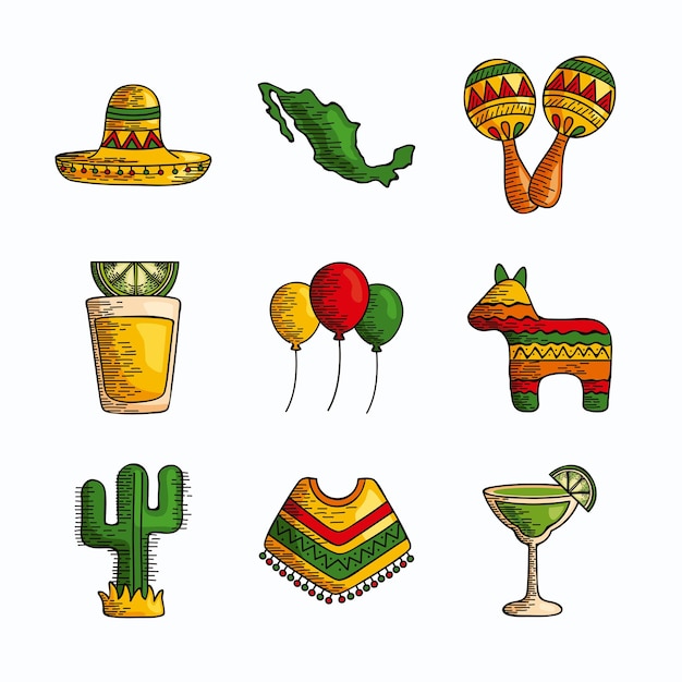 Vector conjunto, de, tradicional, mexicano, elementos clipart