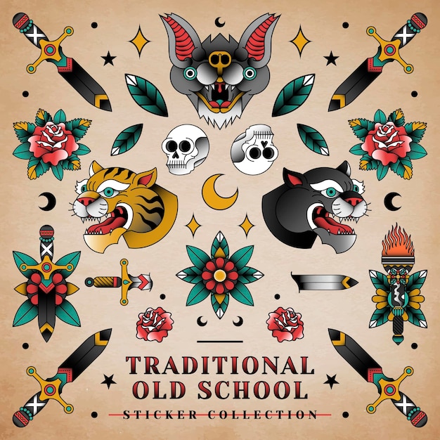 Conjunto tradicional de pegatinas de la vieja escuela aislado en un vector de fondo beige