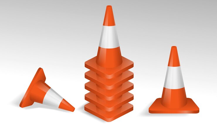 Vector conjunto de tráfico de cono realista aislado o señal de seguridad laboral en carretera para indicar accidente o rojo