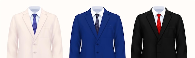 Vector conjunto de traje de hombre de color de tres imágenes realistas de disfraces masculinos inteligentes partes superiores con ilustración de chaquetas