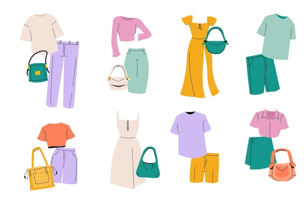 Conjunto de trajes elegantes Ropa de moda a la moda para mujeres ropa elegante casual y formal con accesorios Colección aislada vectorial