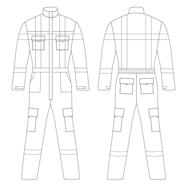 Conjunto de trajes de trabajo de protección diseño vectorial de plantilla técnica plana de moda