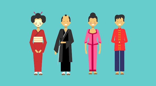 Vector conjunto de trajes tradicionales asiáticos gente con kimono chino