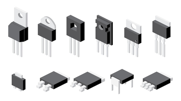 Conjunto de transistores aislado sobre fondo blanco Conjunto de iconos de componentes electrónicos isométricos