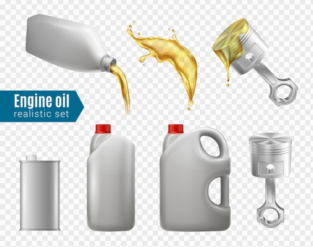 Vector conjunto transparente de publicidad de aceite de motor de recipientes y botellas para el embalaje de ilustración vectorial realista de aceite de motor