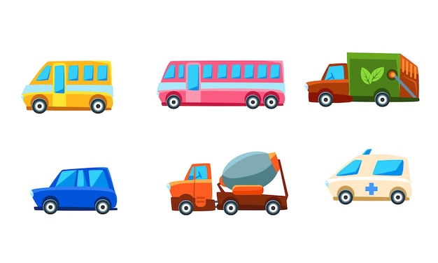 Conjunto de transporte de la ciudad lindo tipo diferente de coloridos vehículos infantiles ilustración vectorial