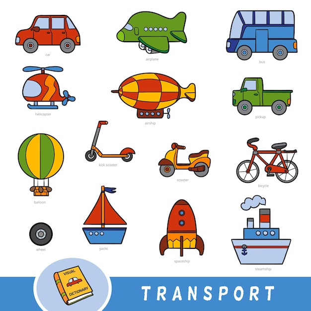 Vector conjunto de transporte de color colección de elementos vectoriales con nombres en inglés diccionario visual de dibujos animados