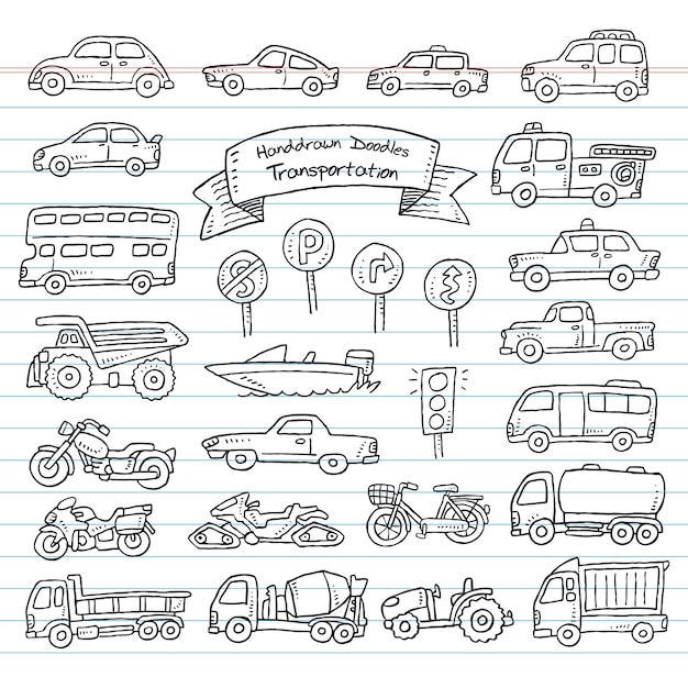 Vector conjunto de transporte de garabatos dibujados a mano