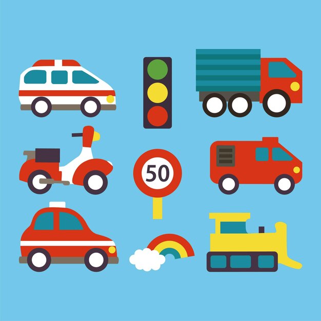Conjunto de transportes para niños sobre fondo azul ilustración vectorial