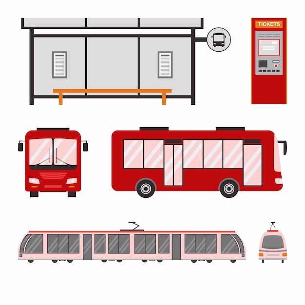 Conjunto de tranvía de autobús de la ciudad y parada de autobús colección de iconos planos de vector de color de transporte urbano transporte de ciudad y transportador aislado sobre fondo blanco tema de transporte público