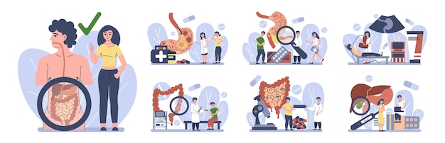 Conjunto de tratamiento estomacal con composiciones aisladas planas de pictogramas de personajes humanos y símbolos de ilustración vectorial de ayuda médica