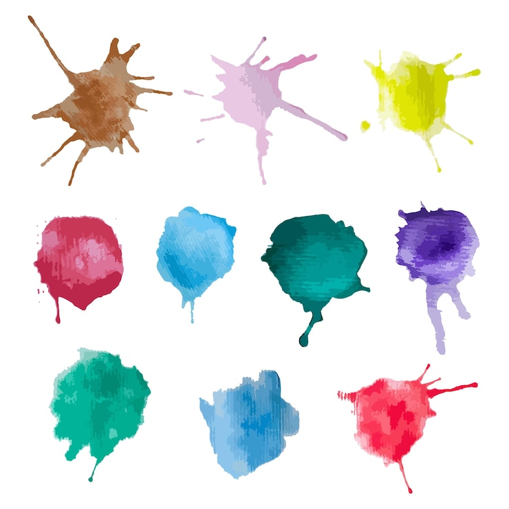 Vector conjunto de trazos de pincel de acuarela, conjunto de salpicaduras de acuarela, conjunto de salpicaduras de colores