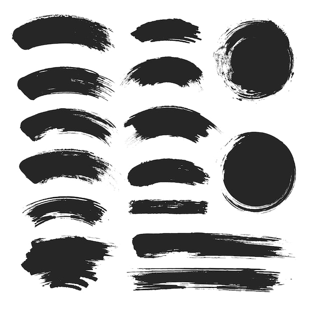Vector conjunto de trazos de pincel de tinta, colección de frotis negros, efecto grunge