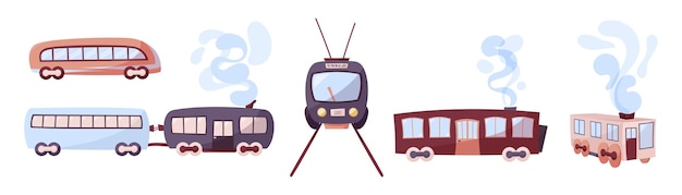 Conjunto de trenes dibujados a mano en estilo de dibujos animados aislados en ilustración vectorial blanca en estilo retro