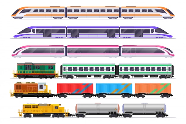 Vector conjunto de trenes tren de pasajeros y mercancías con vagones.