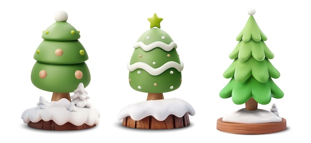 Conjunto de tres adorables árboles de Navidad en 3D con decoraciones festivas perfectas para proyectos temáticos de vacaciones y celebraciones de invierno Cada árbol cuenta con adornos únicos y bases cubiertas de nieve
