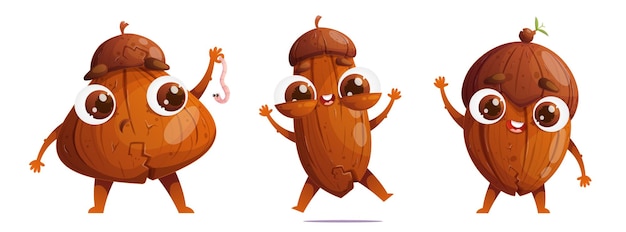 Vector conjunto de tres adorables bellotas de dibujos animados personajes emocionales detallados bellotas con sorpresa alegría y hospitalidad