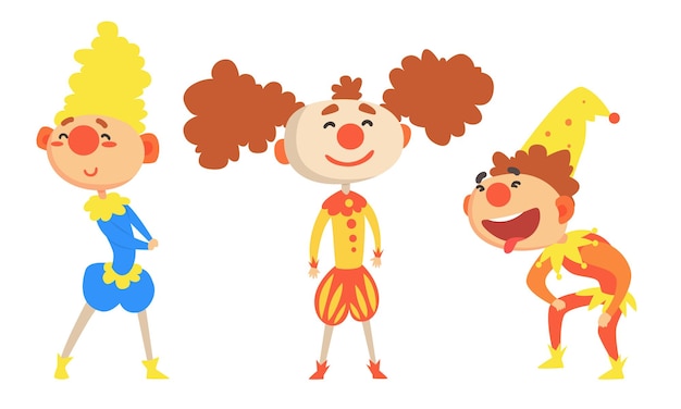 Conjunto de tres alegres payasos navideños con ropa y sombreros de colores ilustración vectorial personaje de dibujos animados