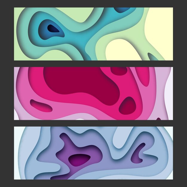Conjunto de tres antecedentes con diseño de banner de formas de corte de papel Ilustración vectorial
