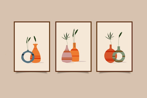 conjunto de tres arte de pared botánico minimalista estético con jarrón estilo boho