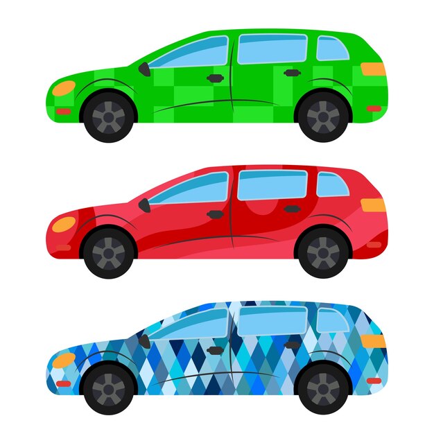 Un conjunto de tres autos pintados en diferentes colores vector illustrationxa