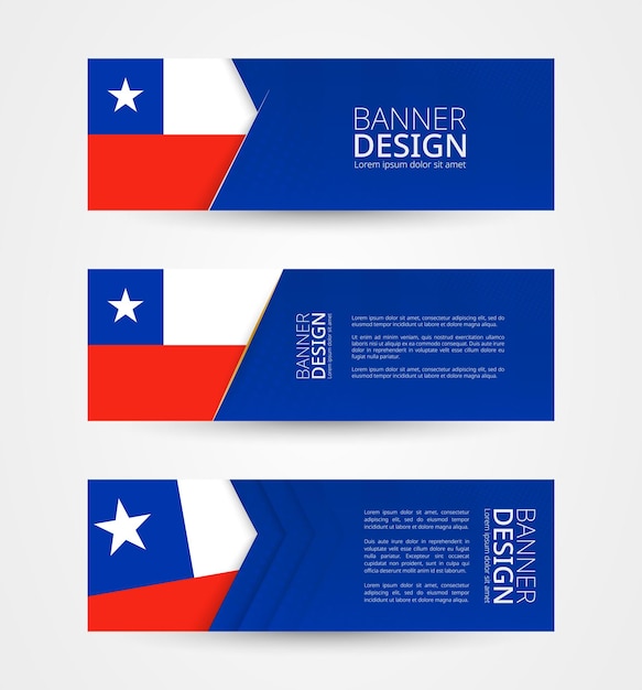 Vector conjunto de tres banners horizontales con bandera de chile plantilla de diseño de banner web en color de bandera de chile