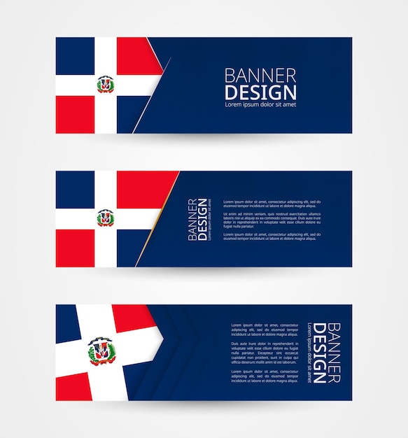 Vector conjunto de tres banners horizontales con bandera de república dominicana plantilla de diseño de banner web en color de bandera de república dominicana