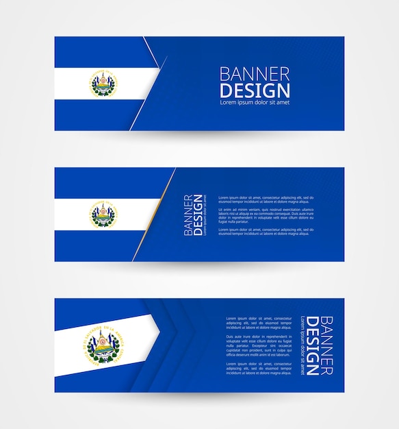 Vector conjunto de tres banners horizontales con bandera de el salvador plantilla de diseño de banner web en color de la bandera de el salvador