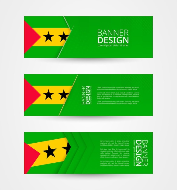 Vector conjunto de tres banners horizontales con la bandera de santo tomé y príncipe plantilla de diseño de banner web en color de la bandera de santo tomé y príncipe