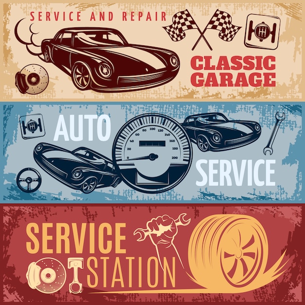 Vector conjunto de tres banners horizontales de reparación de automóviles retro con descripciones del servicio de garaje clásico y la ilustración de vector de estación de servicio