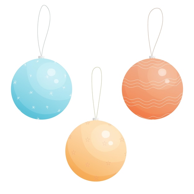 Conjunto de tres bolas navideñas. Dibujos animados de bolas doradas, azules y rojas. Ilustración aislada vectorial
