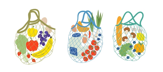 Conjunto de tres bolsas de malla ecoshopping con diferentes productos Sin concepto de plástico sin residuos
